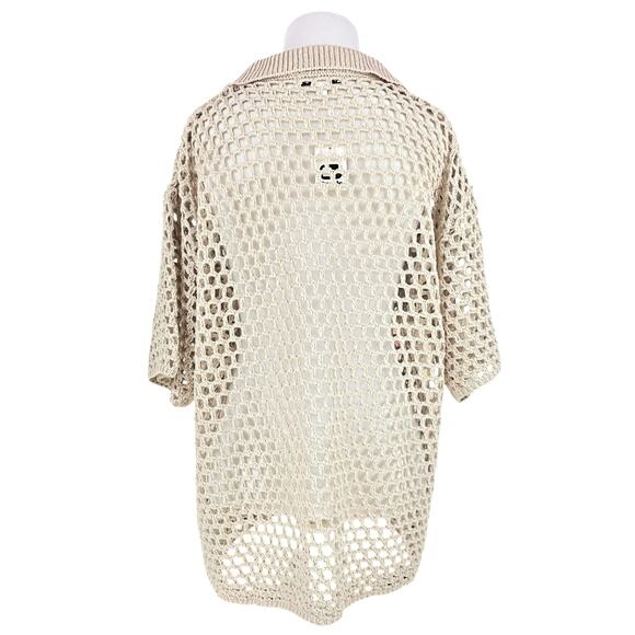 PRETTY GARBAGE NWT Short-Sleeve Open Stitch Collared Cardigan in Beige Size S - Picture 7 of 9